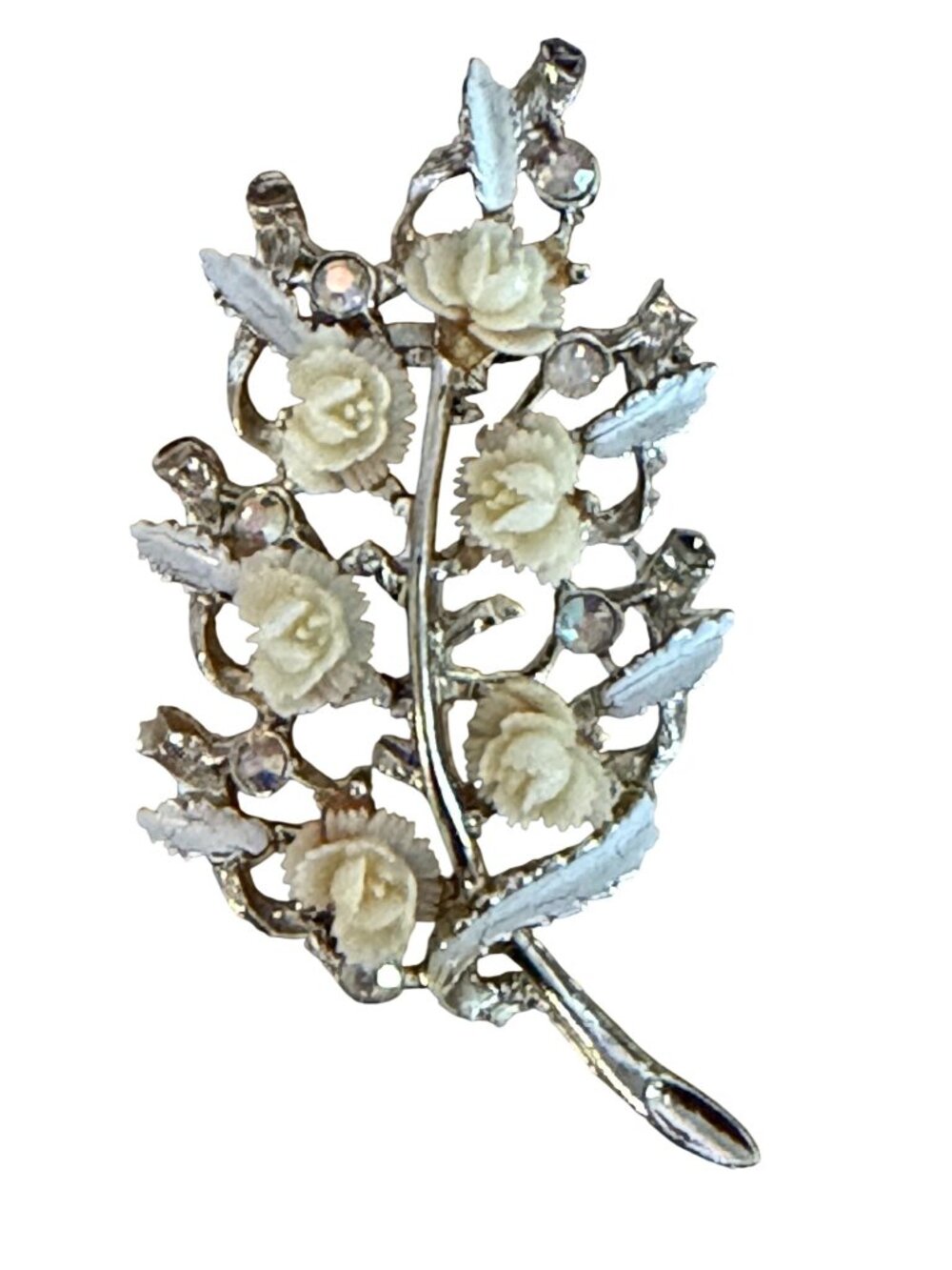Vintage Celluloid White Rose Floral Spray Brooch Silver Tone Rhinestone 1950s